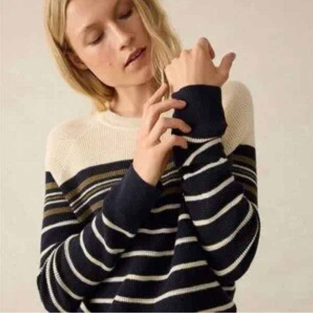 Faherty Throwback Waffle Crew Neck Sweater Nautical Stripes medium